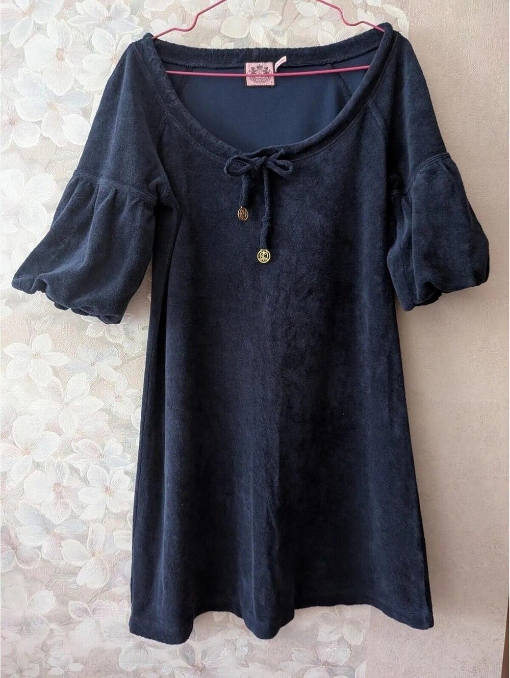 Juicy Couture Navy Blue Velour Terry Cloth Mini Dress Puffed Sleeves S